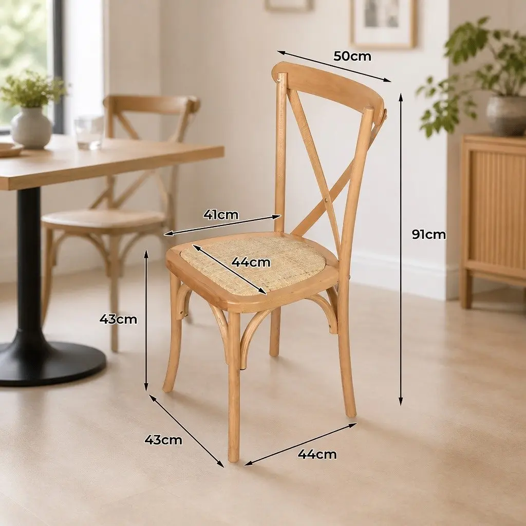 Dining Chairs Set of 2 Cross Back Design Wooden Frame Rattan Seat Kitchen