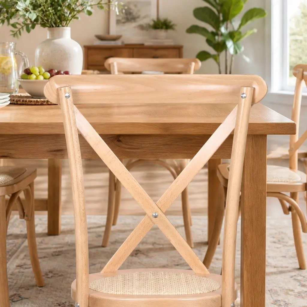 Dining Chairs Set of 2 Cross Back Design Wooden Frame Rattan Seat Kitchen