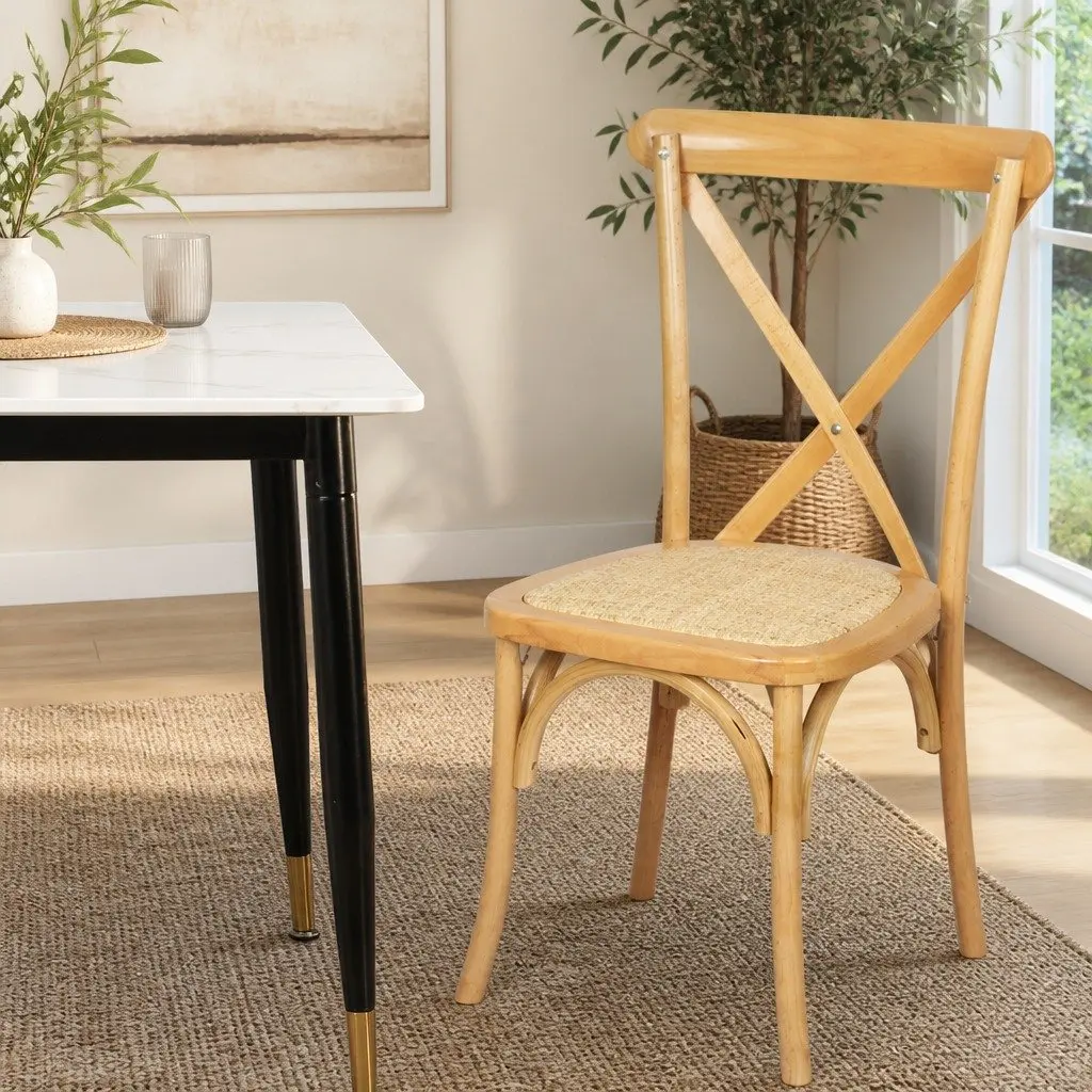 Dining Chairs Set of 2 Cross Back Design Wooden Frame Rattan Seat Kitchen
