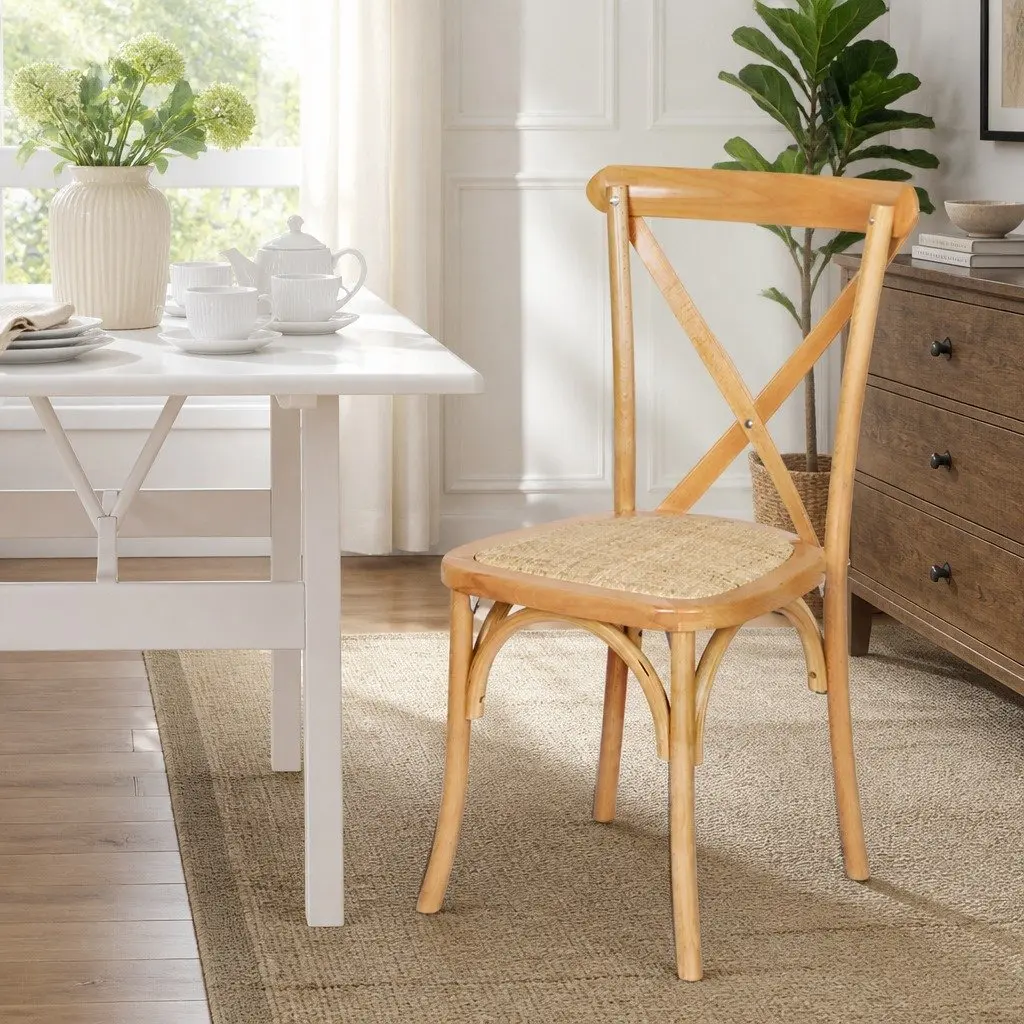 Dining Chairs Set of 2 Cross Back Design Wooden Frame Rattan Seat Kitchen