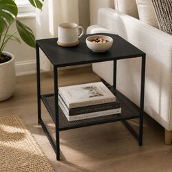 Black Steel Side Table Open Shelves Nightstand Bedroom Lounge End Sofa Storage