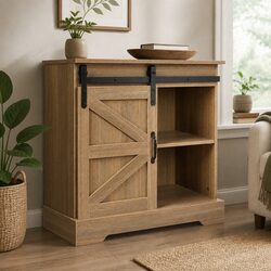 Rustic Sliding Barn Door Sideboard Storage Cabinet