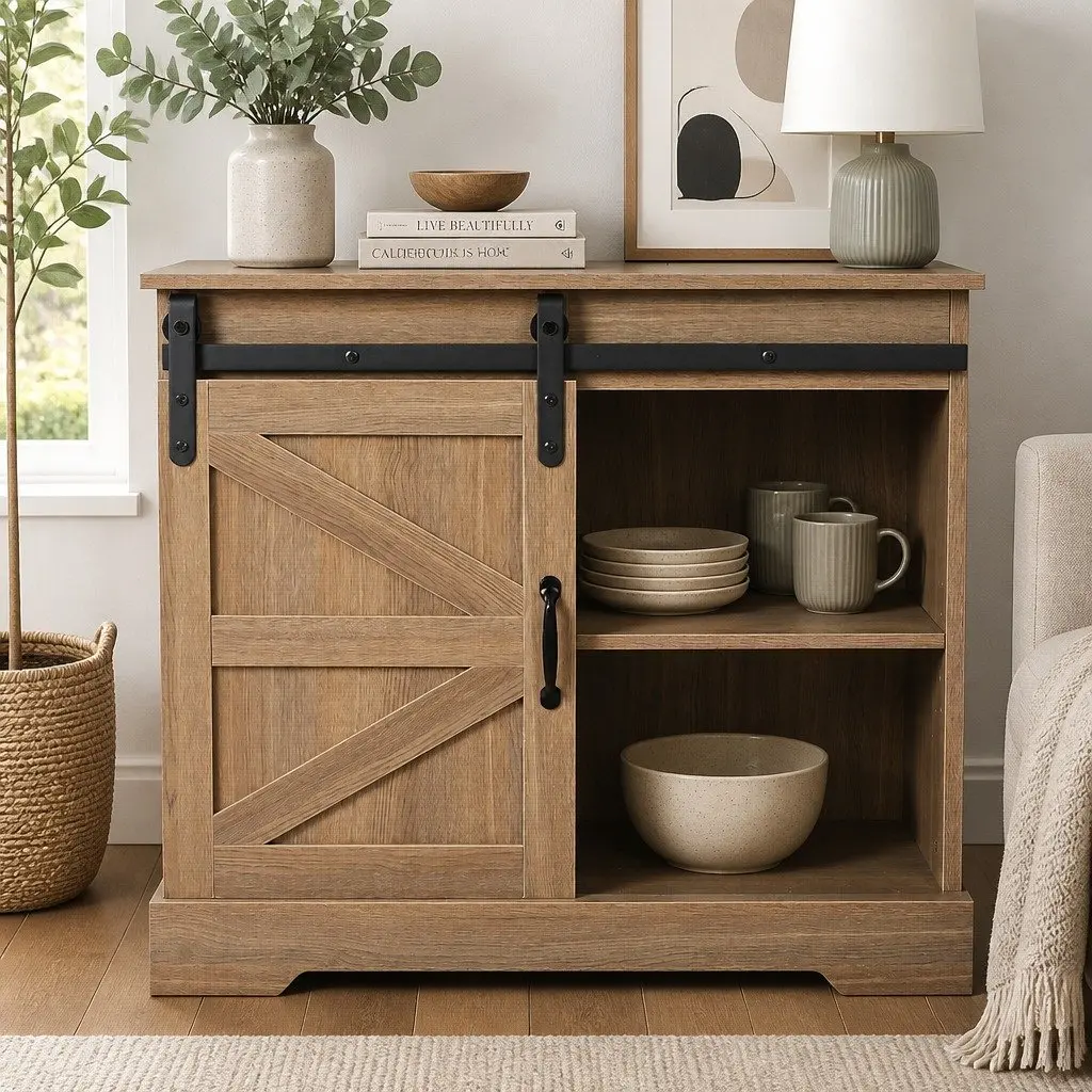 Rustic Sliding Barn Door Sideboard Storage Cabinet