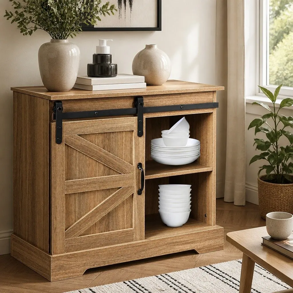 Rustic Sliding Barn Door Sideboard Storage Cabinet