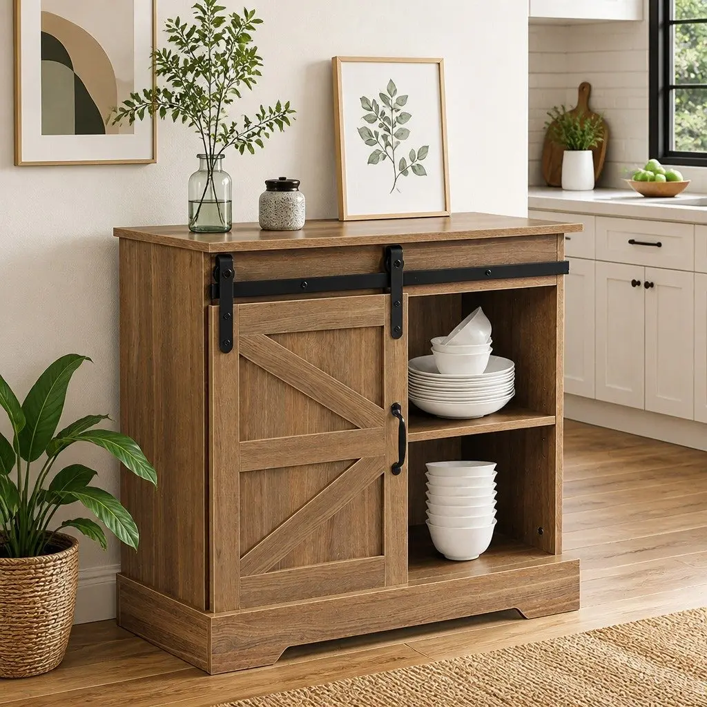 Rustic Sliding Barn Door Sideboard Storage Cabinet
