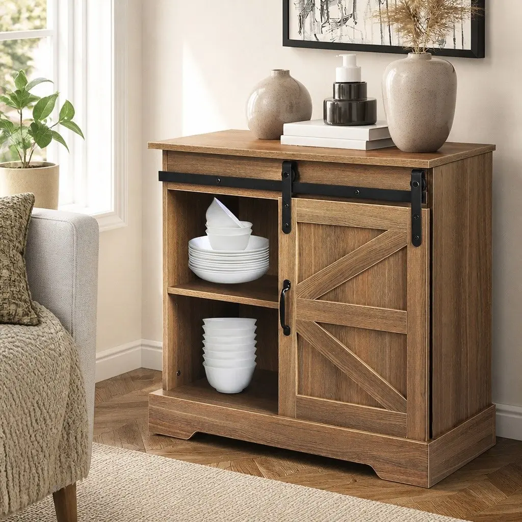 Rustic Sliding Barn Door Sideboard Storage Cabinet