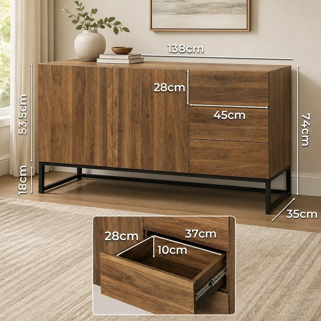Walnut Sideboard Buffet Storage Cabinet with Drawers and Shelves Modern Design