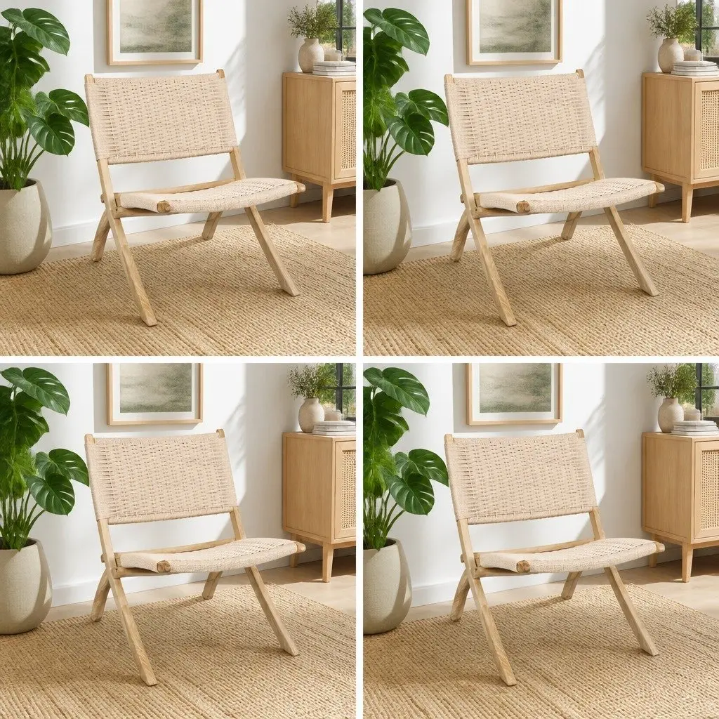 Folding Accent Chair Natural Wood 66cm x 64cm x 77cm Ash Wood and Kraft Paper Rope Set 4 Piece