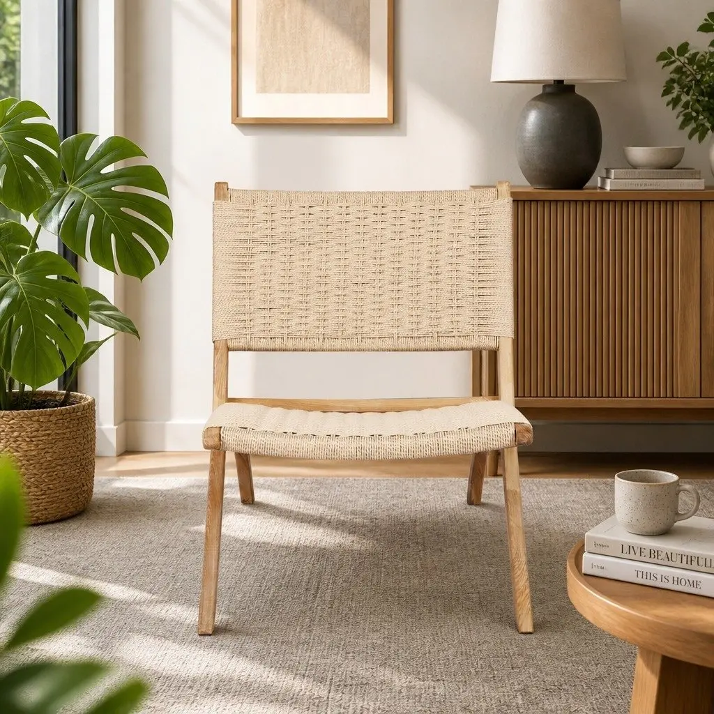 Folding Accent Chair Natural Wood 66cm x 64cm x 77cm Ash Wood and Kraft Paper Rope Set 4 Piece