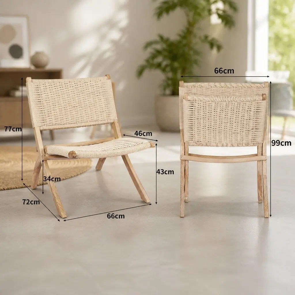 Folding Accent Chair Natural Wood 66cm x 64cm x 77cm Ash Wood and Kraft Paper Rope Set 4 Piece