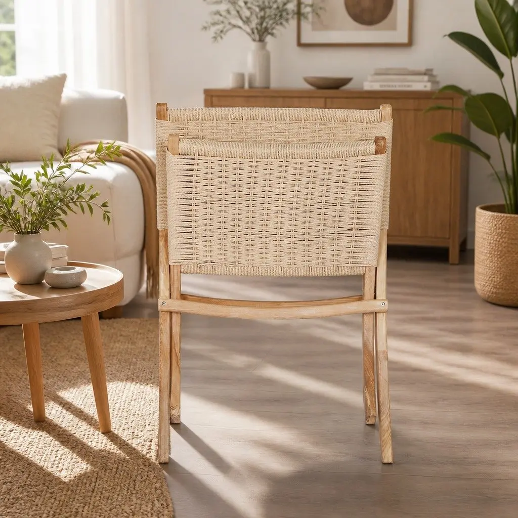 Folding Accent Chair Natural Wood 66cm x 64cm x 77cm Ash Wood and Kraft Paper Rope Set 4 Piece