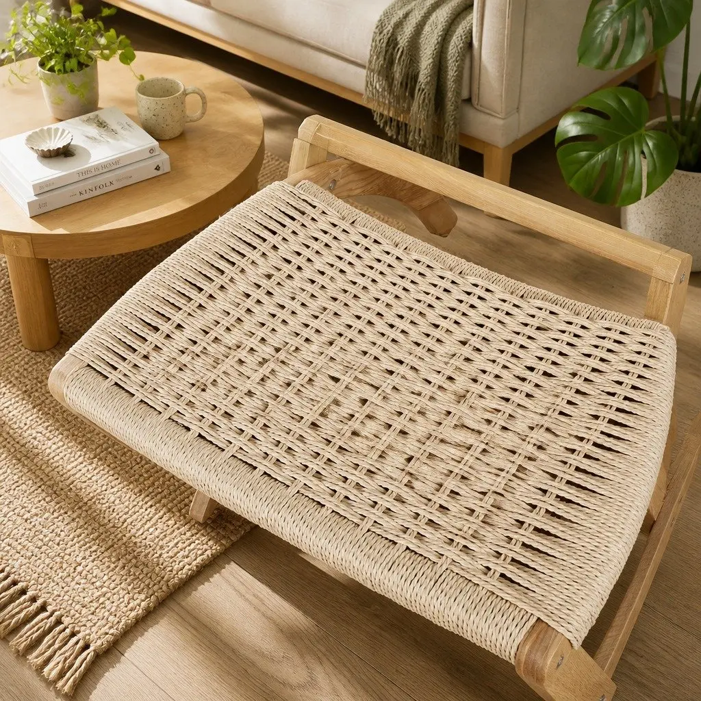 Folding Accent Chair Natural Wood 66cm x 64cm x 77cm Ash Wood and Kraft Paper Rope Set 4 Piece