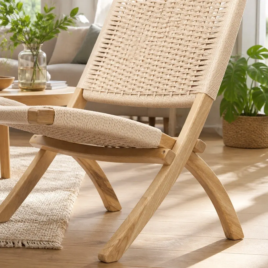 Folding Accent Chair Natural Wood 66cm x 64cm x 77cm Ash Wood and Kraft Paper Rope Set 4 Piece