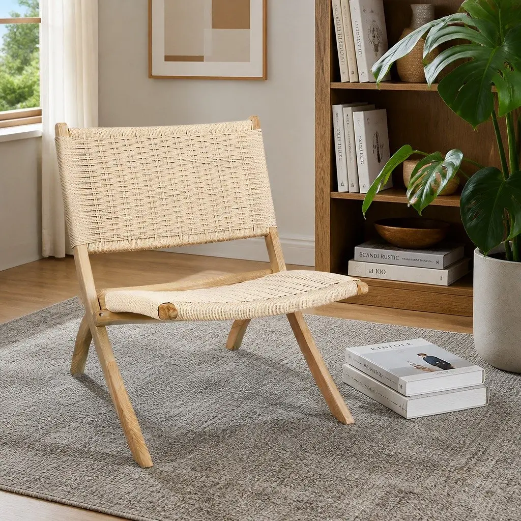 Folding Accent Chair Natural Wood 66cm x 64cm x 77cm Ash Wood and Kraft Paper Rope Set 4 Piece
