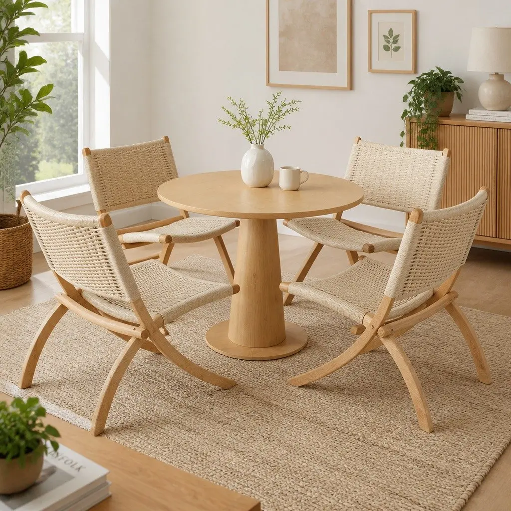 Folding Accent Chair Natural Wood 66cm x 64cm x 77cm Ash Wood and Kraft Paper Rope Set 4 Piece