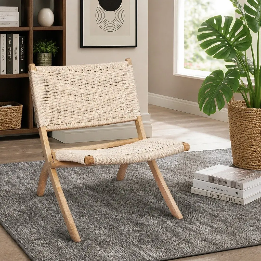 Folding Accent Chair Natural Wood 66cm x 64cm x 77cm Ash Wood and Kraft Paper Rope Set 4 Piece