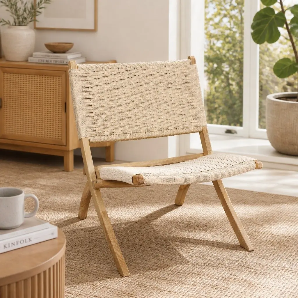 Folding Accent Chair Natural Wood 66cm x 64cm x 77cm Ash Wood and Kraft Paper Rope Set 4 Piece