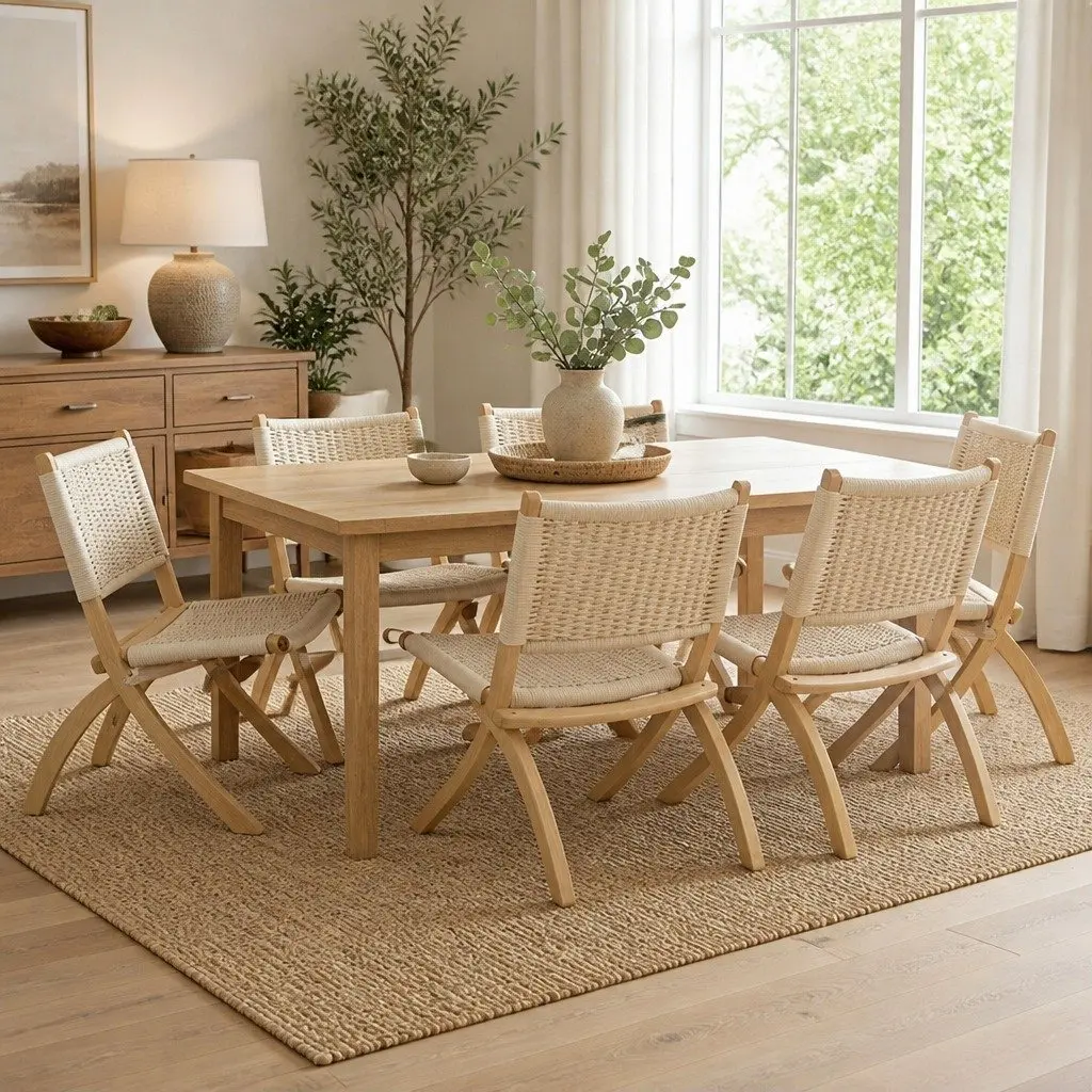 Folding Accent Chair Natural Ash Wood Set of 6 Recliner Dining Lounge Seat