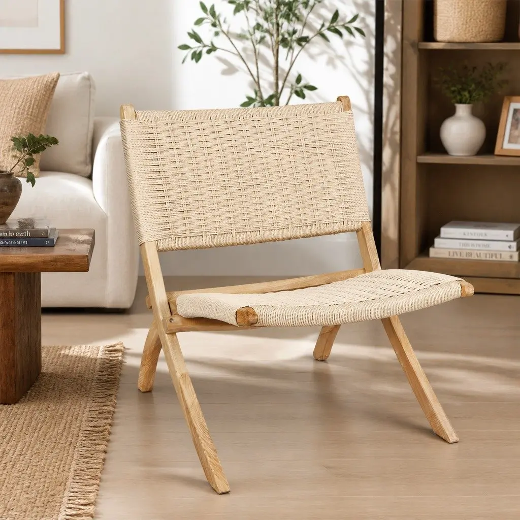 Folding Accent Chair Natural Ash Wood Set of 6 Recliner Dining Lounge Seat