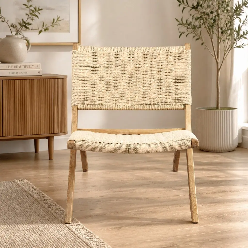 Folding Accent Chair Recliner Natural Ash Wood Rope Seat Indoor Outdoor Furniture