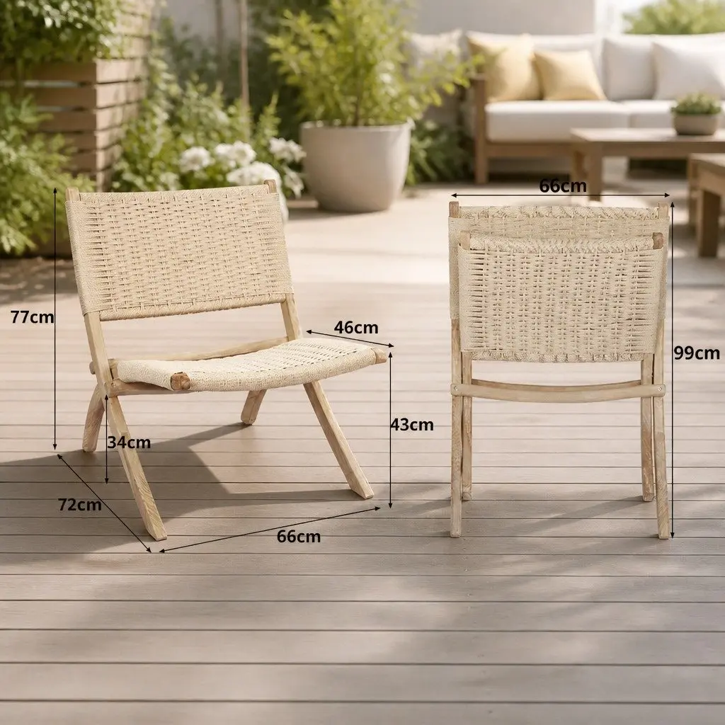 Folding Accent Chair Recliner Natural Ash Wood Rope Seat Indoor Outdoor Furniture