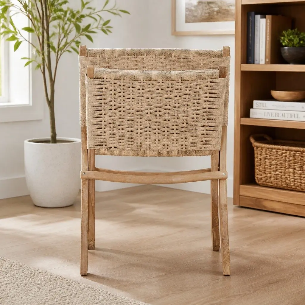 Folding Accent Chair Recliner Natural Ash Wood Rope Seat Indoor Outdoor Furniture