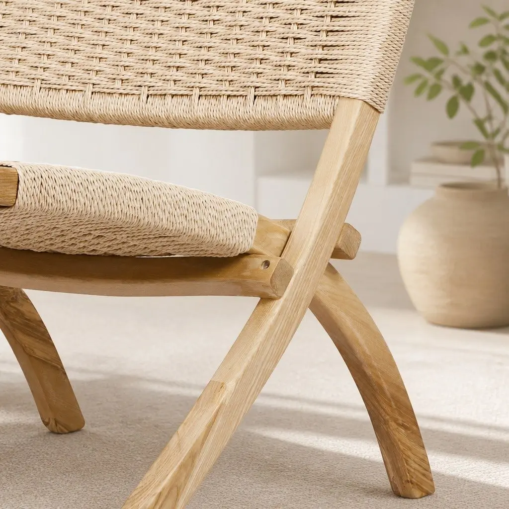 Folding Accent Chair Recliner Natural Ash Wood Rope Seat Indoor Outdoor Furniture