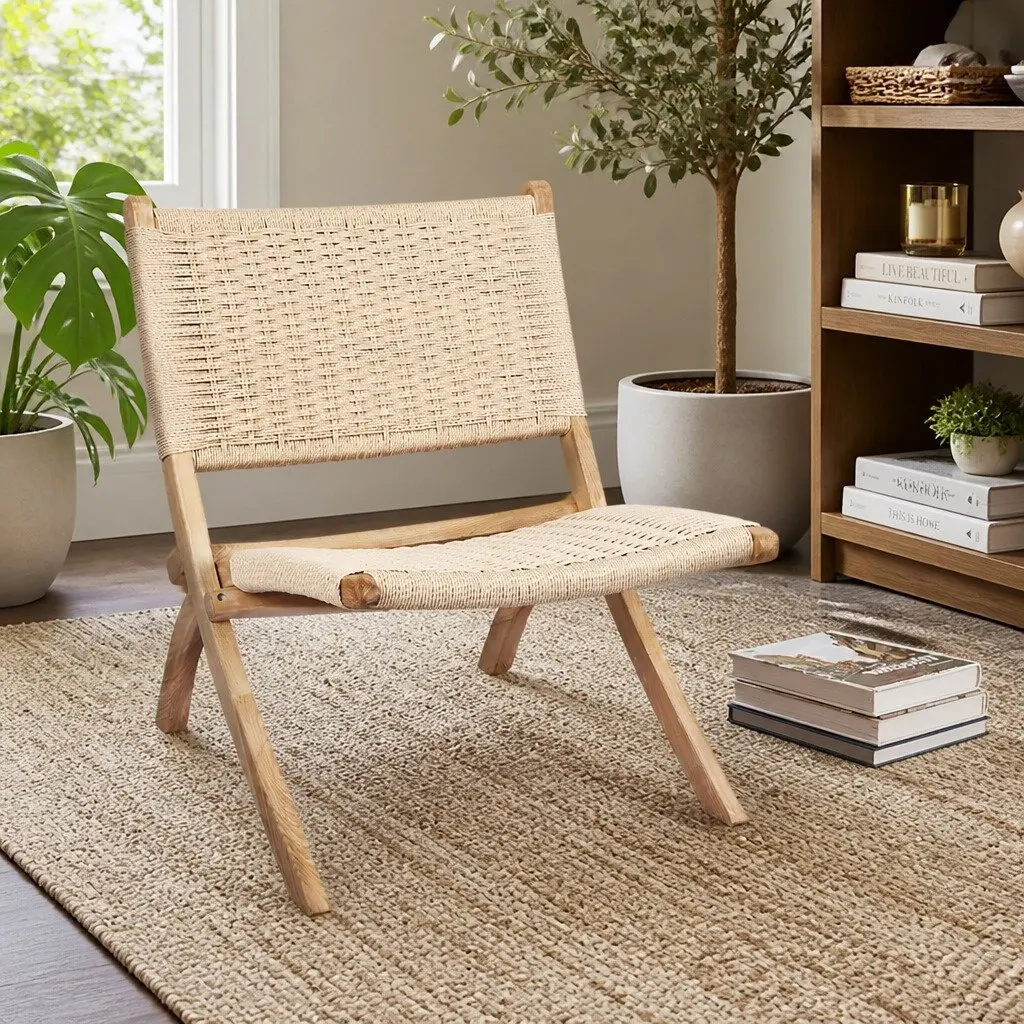 Folding Accent Chair Recliner Natural Ash Wood Rope Seat Indoor Outdoor Furniture