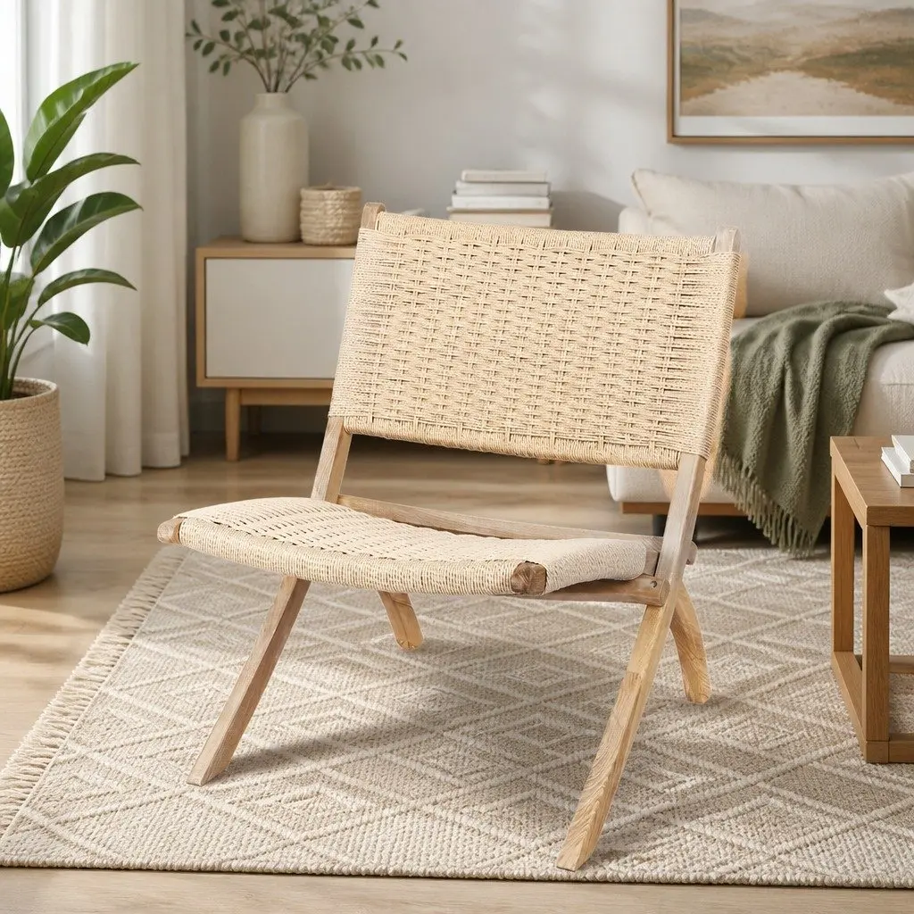 Folding Accent Chair Recliner Natural Ash Wood Rope Seat Indoor Outdoor Furniture