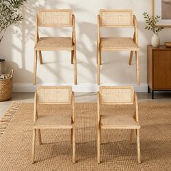 Natural Rattan Rubber Wood Foldable Dining Chair Set of 4