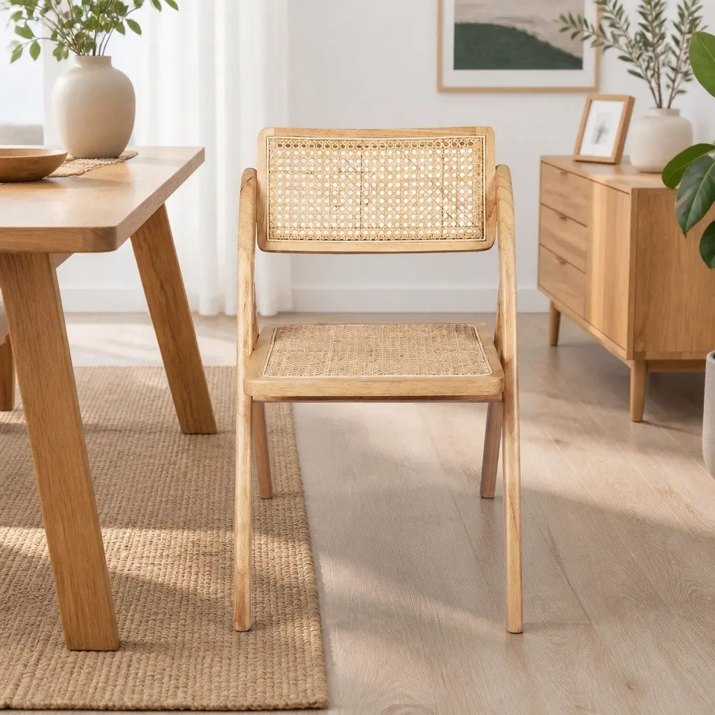 Foldable Dining Chairs Natural Rattan Rubber Wood 4 Piece Accent Lounge Seating