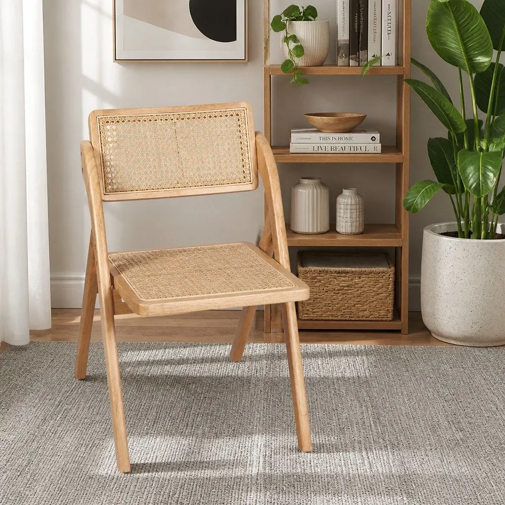 Foldable Dining Chairs Natural Rattan Rubber Wood 4 Piece Accent Lounge Seating