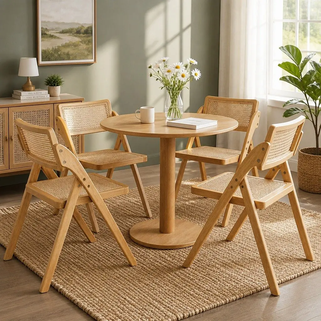 Foldable Dining Chairs Natural Rattan Rubber Wood 4 Piece Accent Lounge Seating