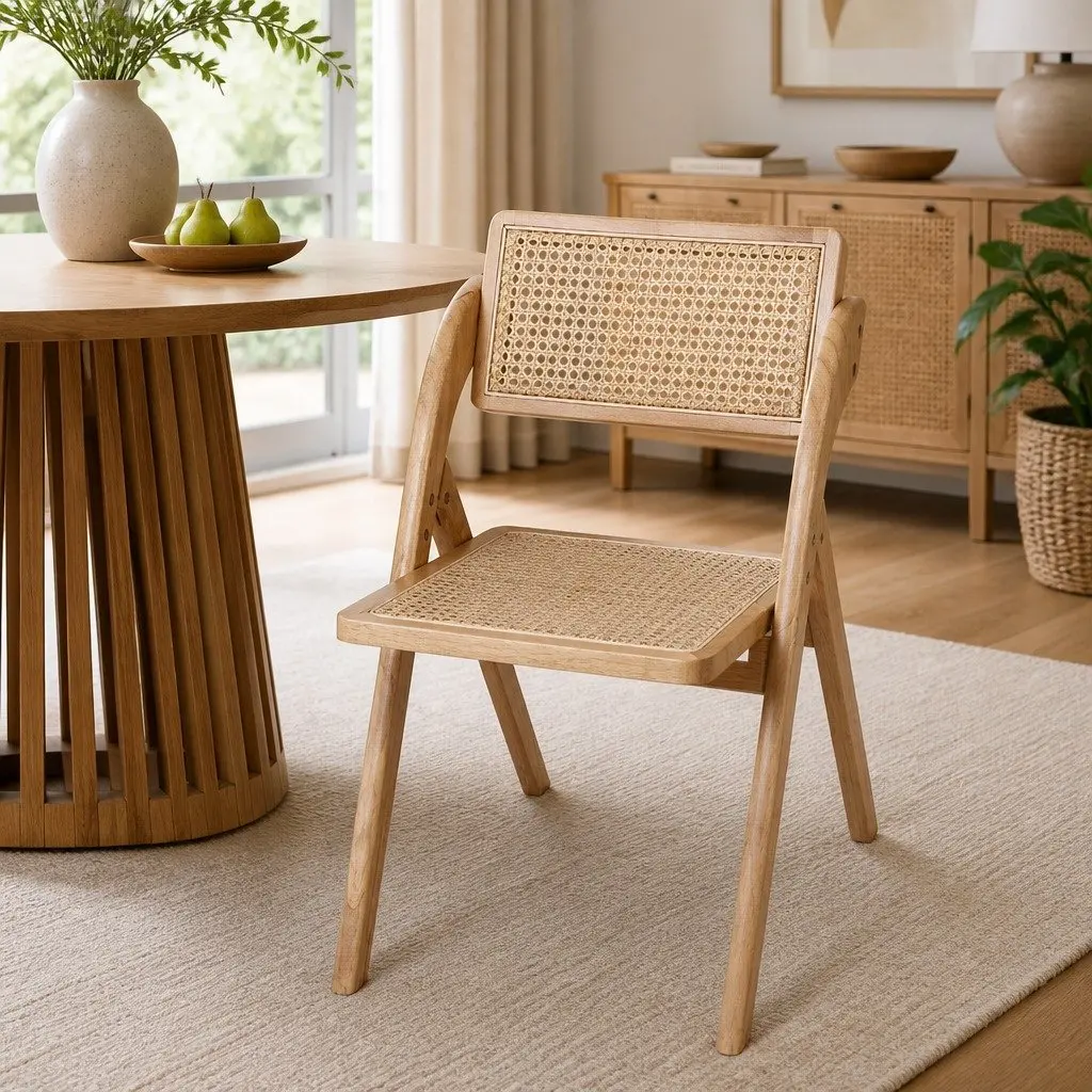 Foldable Dining Chairs Natural Rattan Rubber Wood 4 Piece Accent Lounge Seating