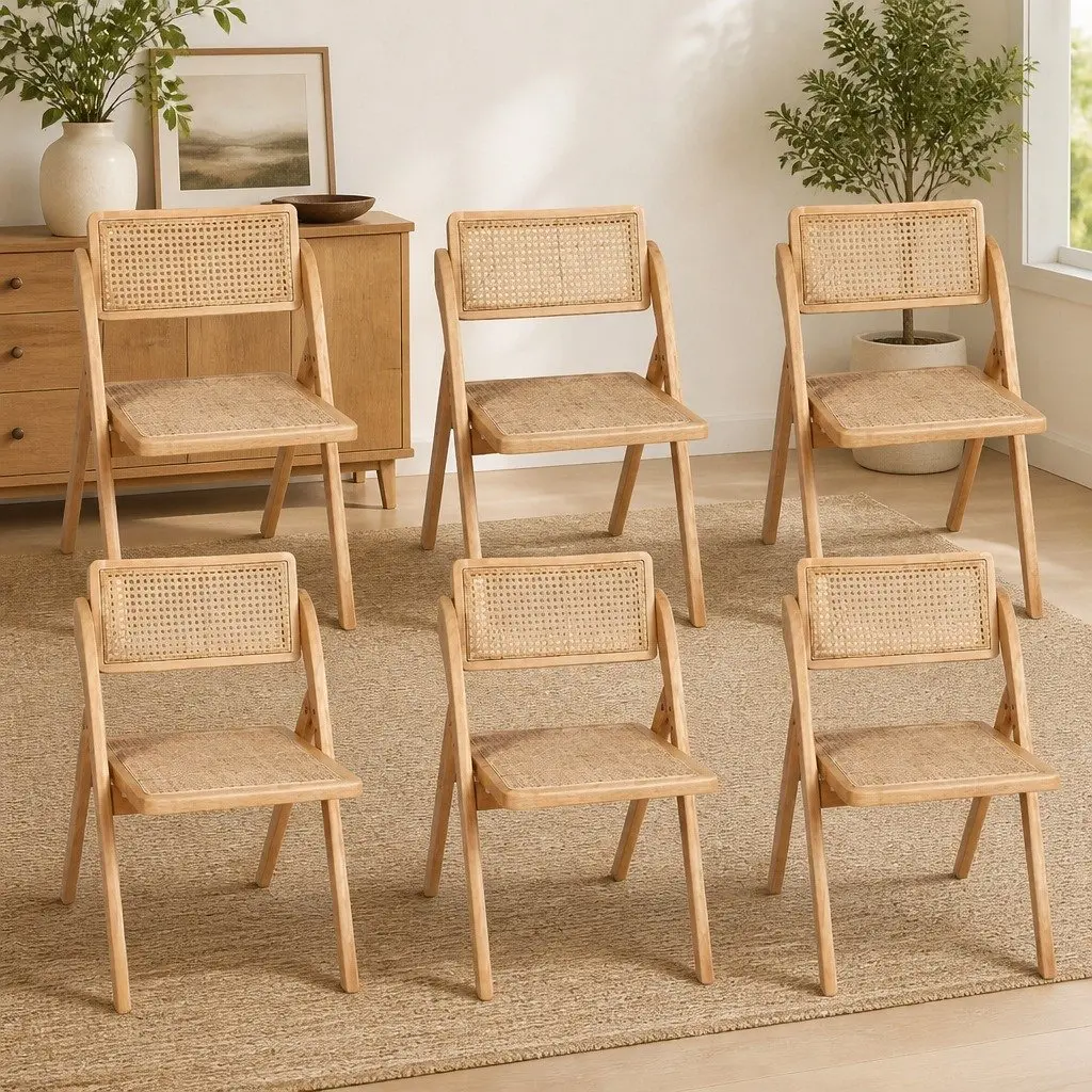 Dining Chairs Foldable Natural Wood Rattan 49cm x 61cm x 77cm