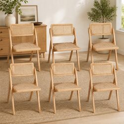 Set of 6 Foldable Rattan Dining Chairs in Natural Wood
