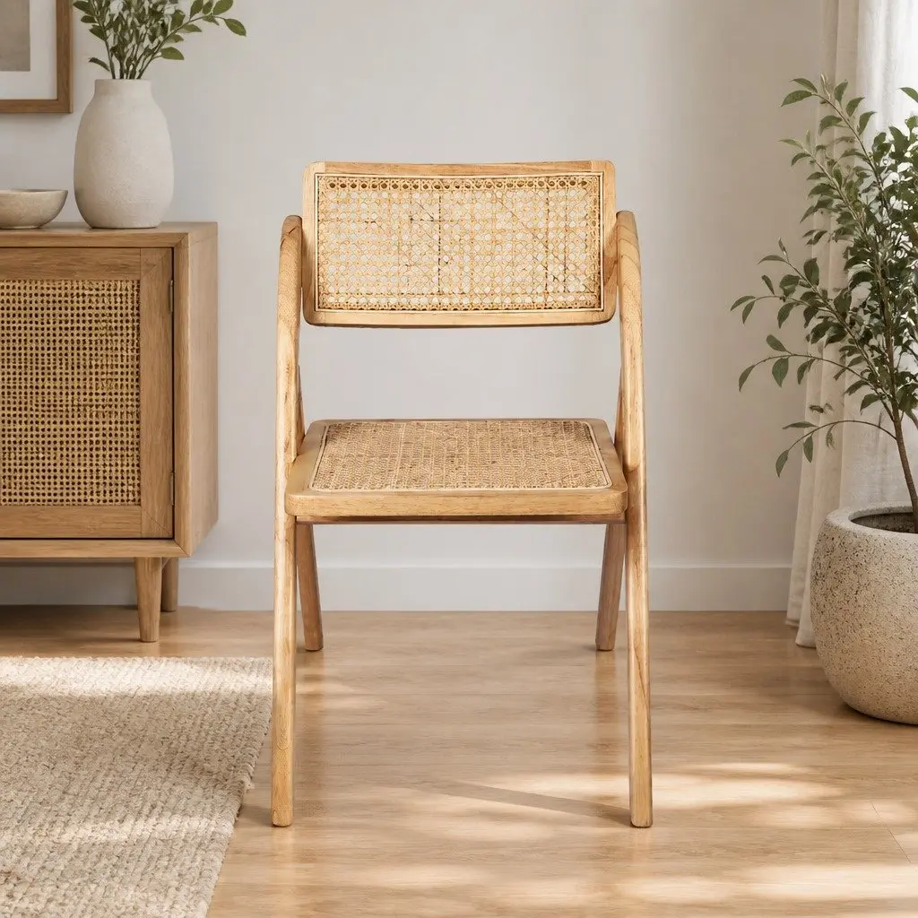 Dining Chairs Foldable Natural Wood Rattan 49cm x 61cm x 77cm