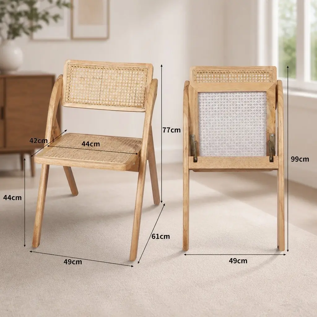 Dining Chairs Foldable Natural Wood Rattan 49cm x 61cm x 77cm