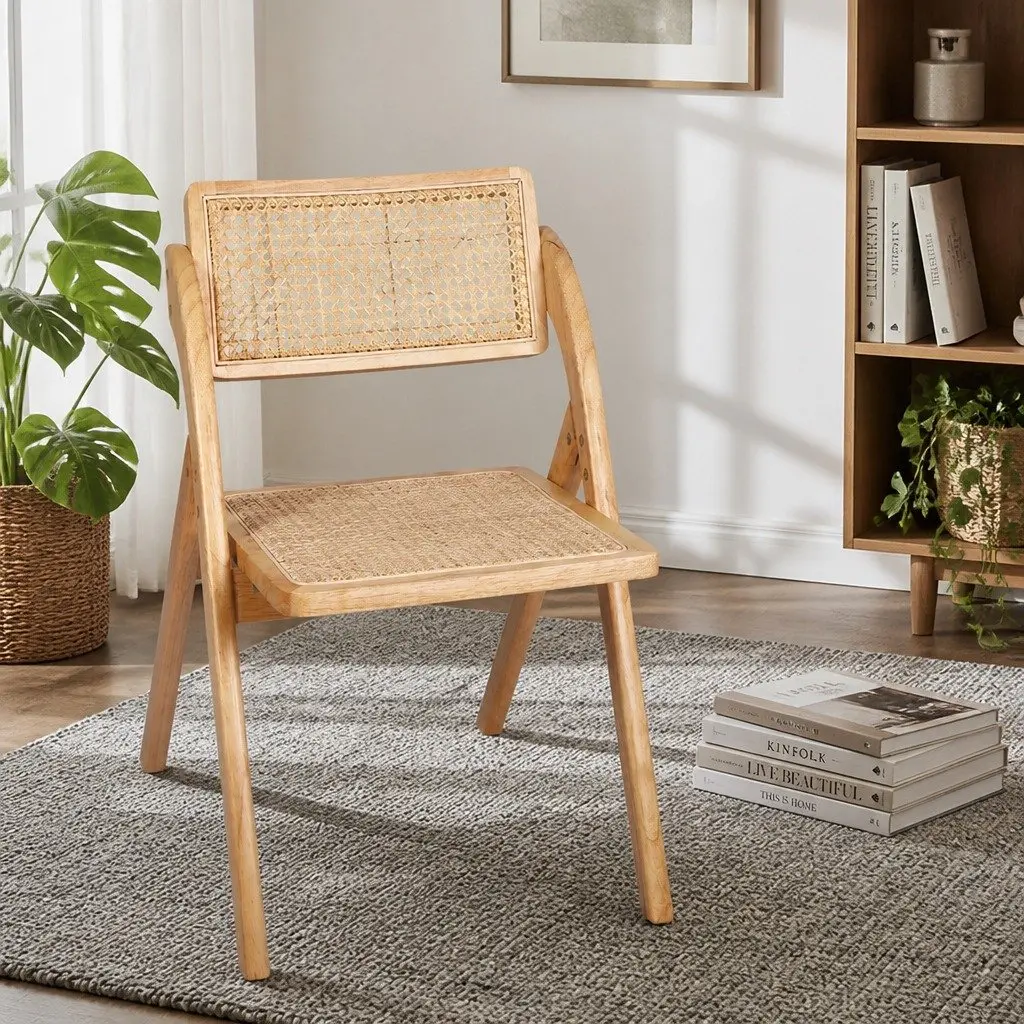 Dining Chairs Foldable Natural Wood Rattan 49cm x 61cm x 77cm