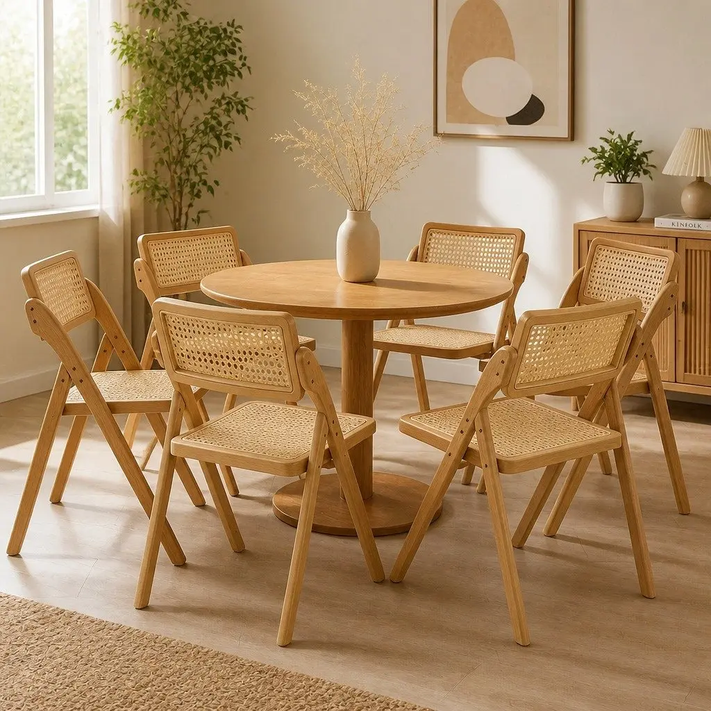 Dining Chairs Foldable Natural Wood Rattan 49cm x 61cm x 77cm