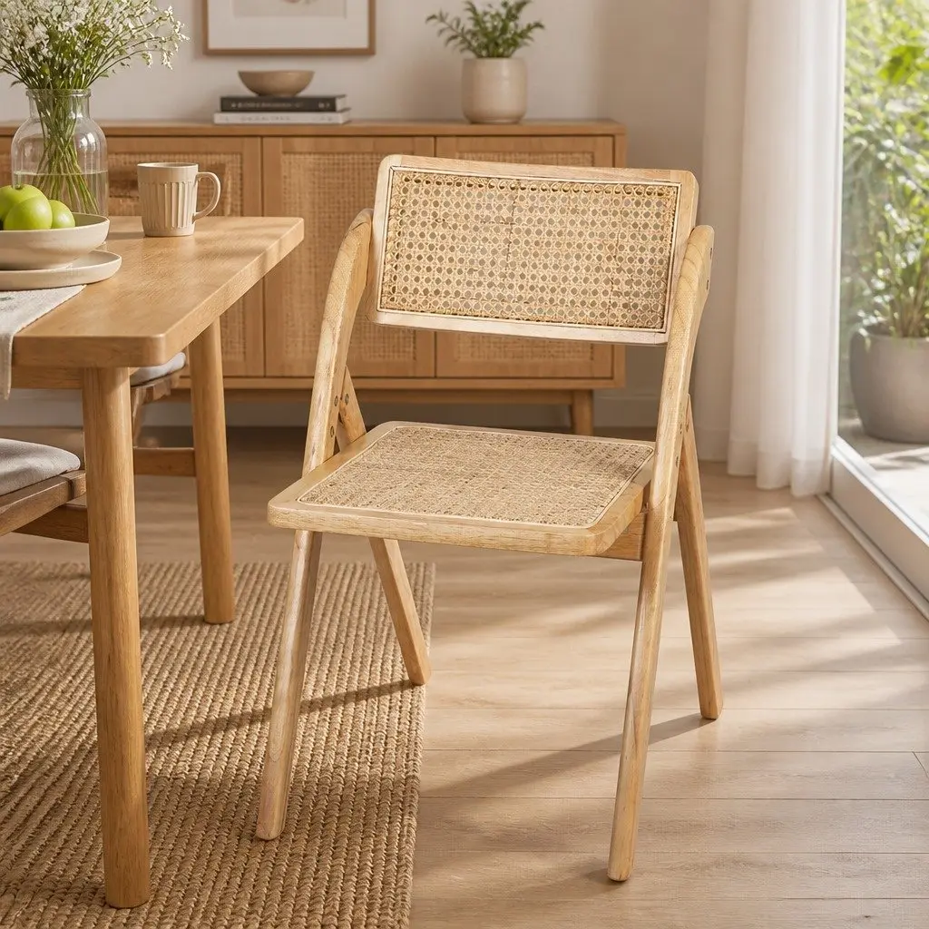Dining Chairs Foldable Natural Wood Rattan 49cm x 61cm x 77cm