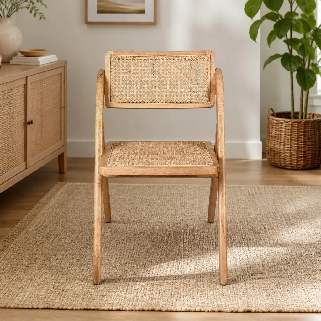 Foldable Dining Chairs Natural Rattan Accent Seating 8 Piece Rubber Wood