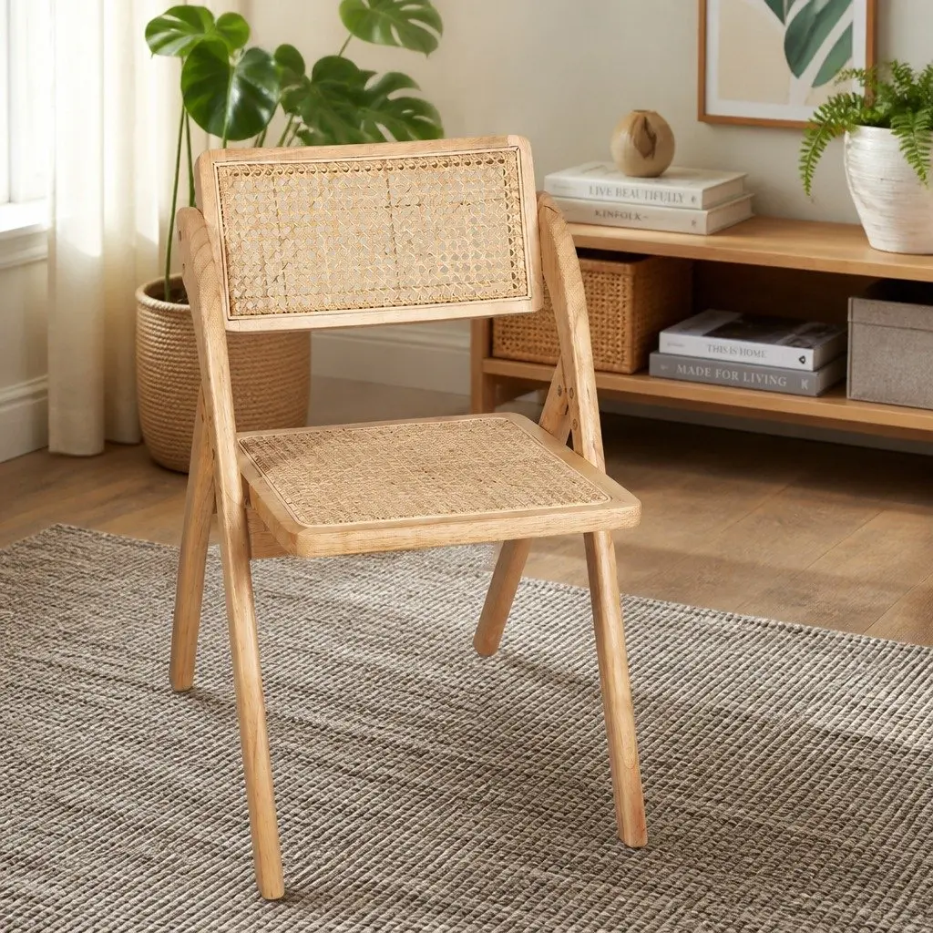 Foldable Dining Chairs Natural Rattan Accent Seating 8 Piece Rubber Wood