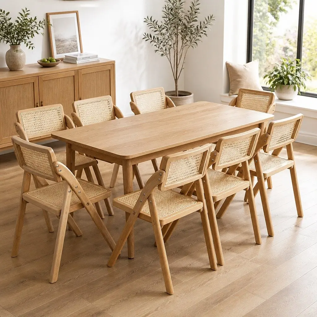 Foldable Dining Chairs Natural Rattan Accent Seating 8 Piece Rubber Wood