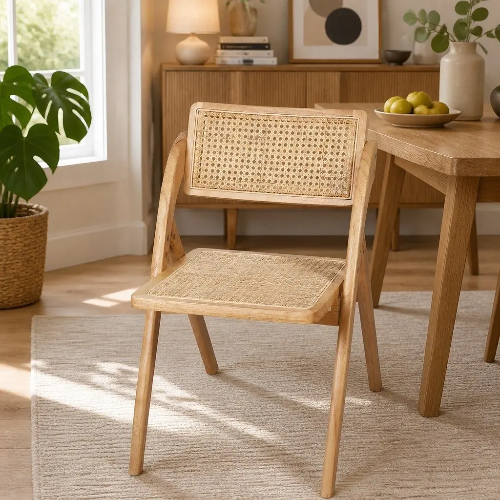 Foldable Dining Chairs Natural Rattan Accent Seating 8 Piece Rubber Wood