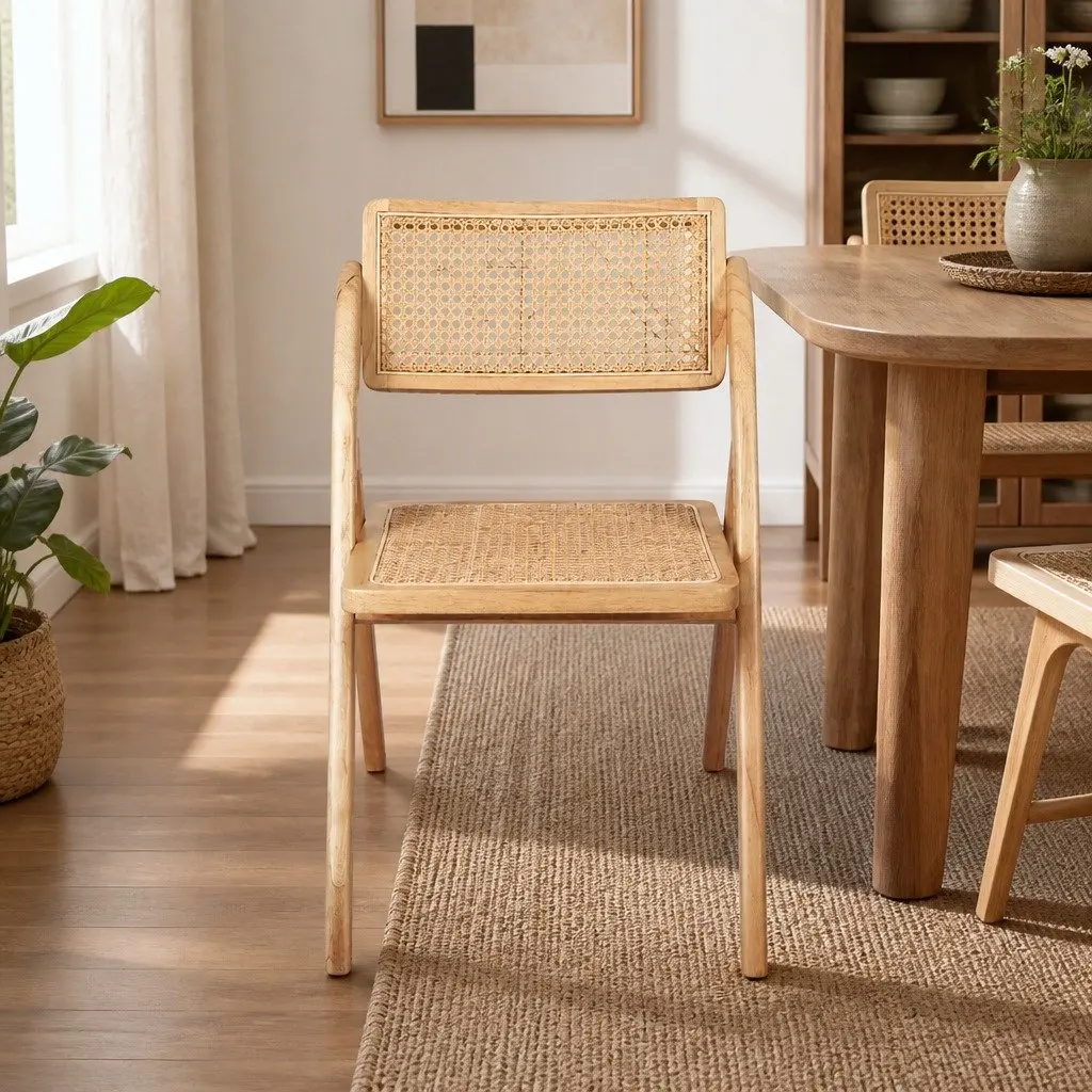 Dining Chairs Foldable Natural Wooden 49cm x 61cm x 77cm Rubber Wood and Rattan Weaving