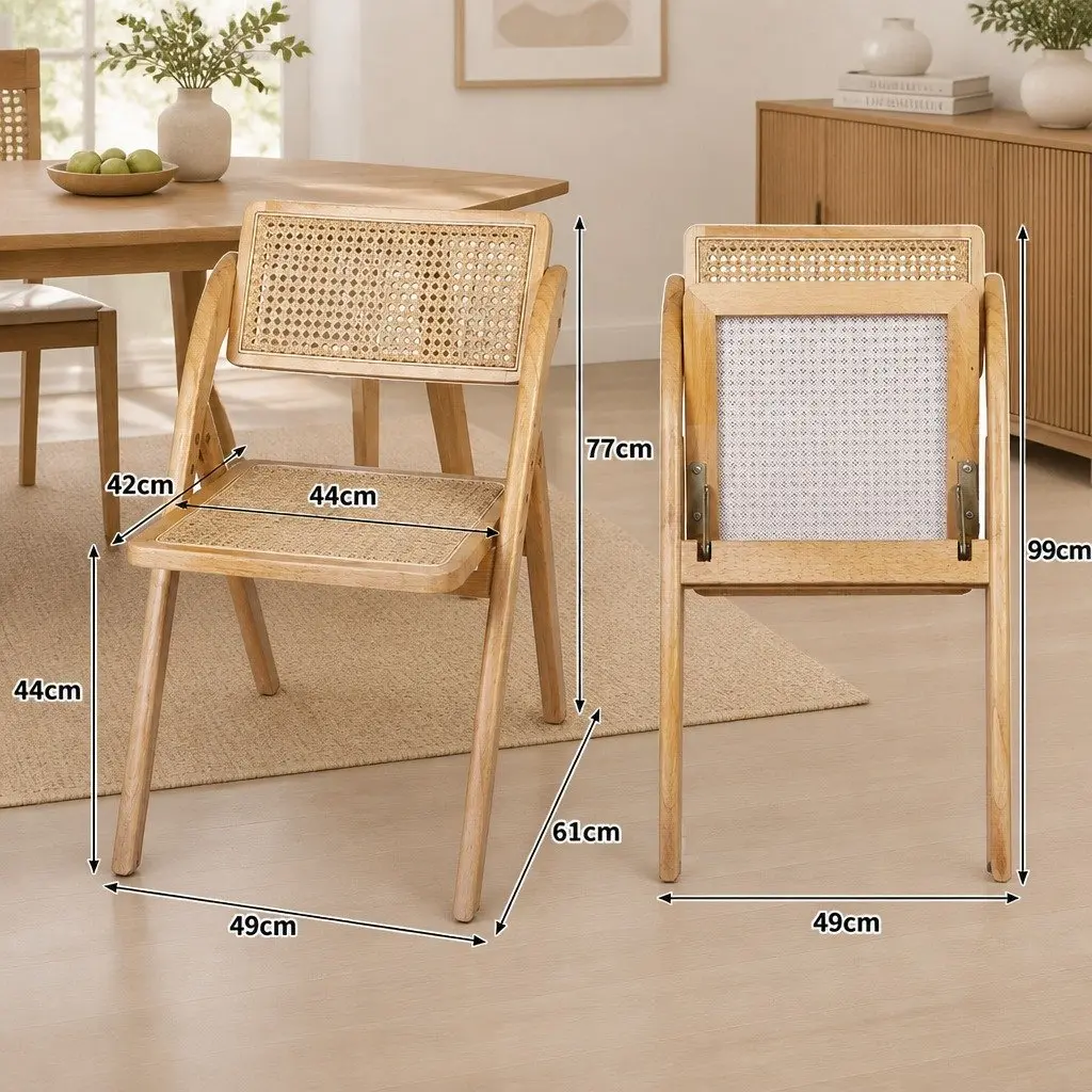 Dining Chairs Foldable Natural Wooden 49cm x 61cm x 77cm Rubber Wood and Rattan Weaving