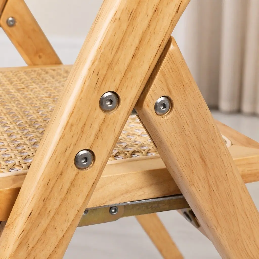 Dining Chairs Foldable Natural Wooden 49cm x 61cm x 77cm Rubber Wood and Rattan Weaving