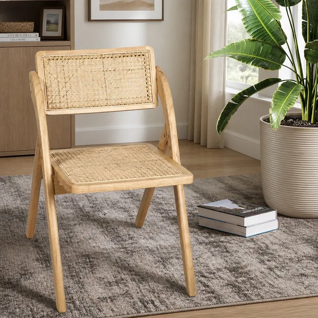 Dining Chairs Foldable Natural Wooden 49cm x 61cm x 77cm Rubber Wood and Rattan Weaving