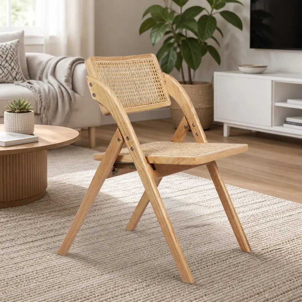 Dining Chairs Foldable Natural Wooden 49cm x 61cm x 77cm Rubber Wood and Rattan Weaving